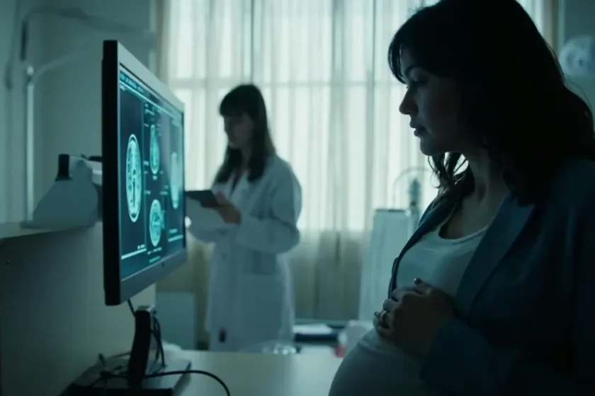 Femme enceinte de dos regarde un scan sur écran médical