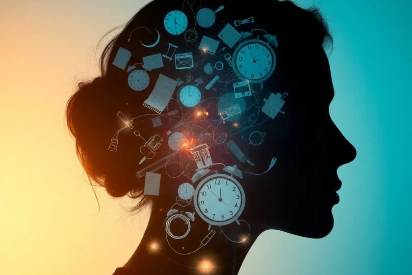 Silhouette of a woman's head in profile filled with floating translucent symbols of domestic and professional tasks, represen