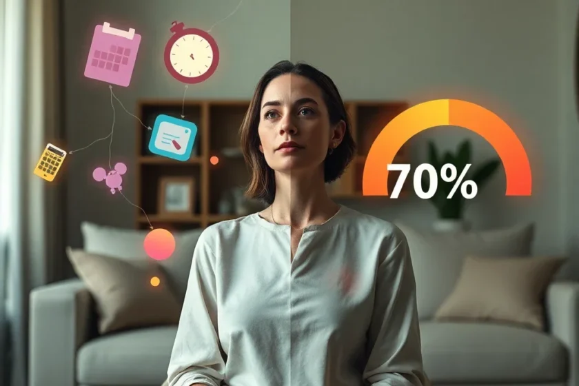 A woman sitting contemplatively in a modern living room, surrounded by translucent floating symbols of household tasks, a gau