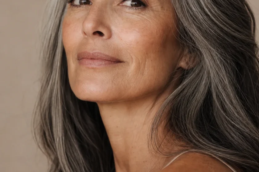 Portrait élégant d'une femme assumant ses cheveux poivre et sel, avec des mèches argentées et foncées mises en valeur par une