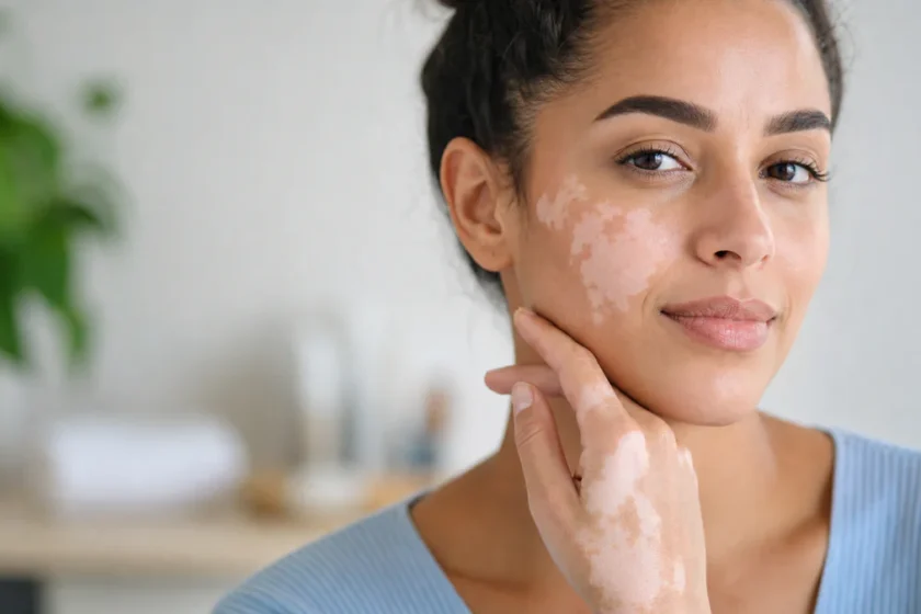 Portrait rapproché et respectueux d’une femme avec des zones de peau dépigmentées visibles sur la main et le visage.