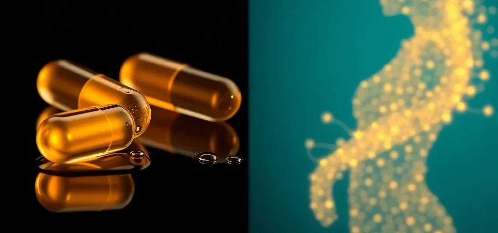 A conceptual image of golden capsules beside a glowing particle silhouette of a woman, symbolizing long-term hormonal balance