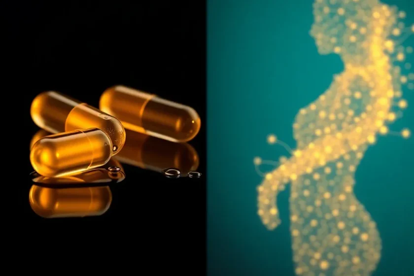 A conceptual image of golden capsules beside a glowing particle silhouette of a woman, symbolizing long-term hormonal balance