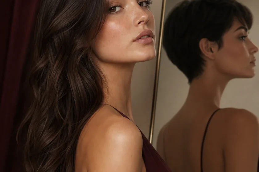 Portrait concept of a brunette woman with long hair facing a subtle short-hair reflection, symbolizing changing ideals of fem