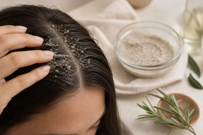 Close-up of a gentle scalp care ritual with fingertips applying a creamy exfoliating scrub to parted natural hair in a calm s