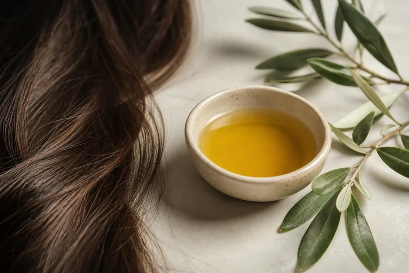 A bowl of golden olive oil with olive leaves beside smooth hair strands, representing olive oil hair care benefits and limits