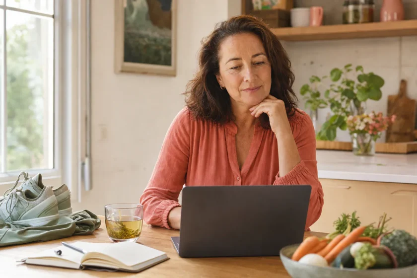 Woman in her fifties reflecting beside a laptop and healthy lifestyle objects, representing menopause, body changes, and onli