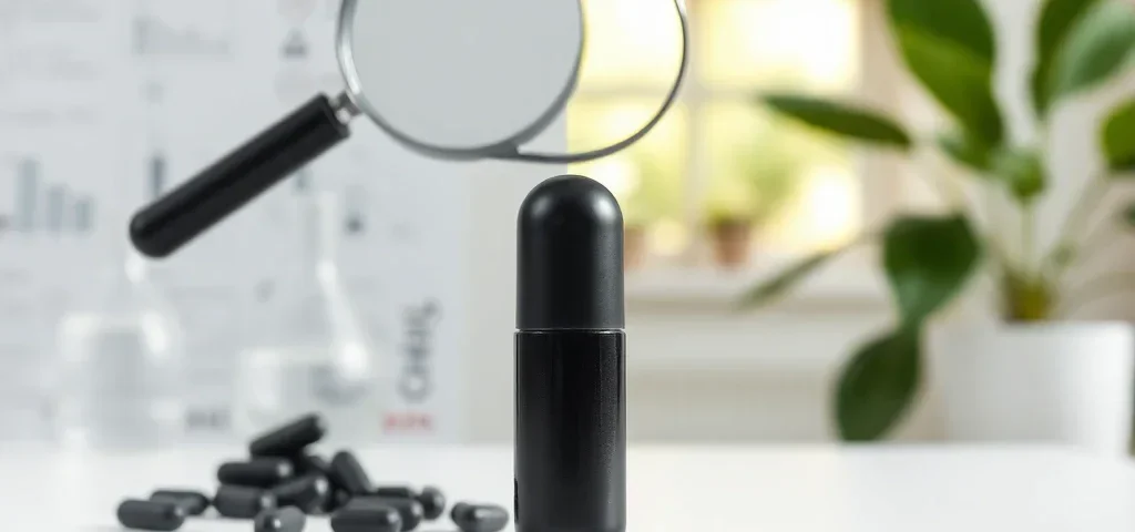 A single black charcoal capsule under a magnifying glass on a clean surface, split between a scientific lab and a natural wel