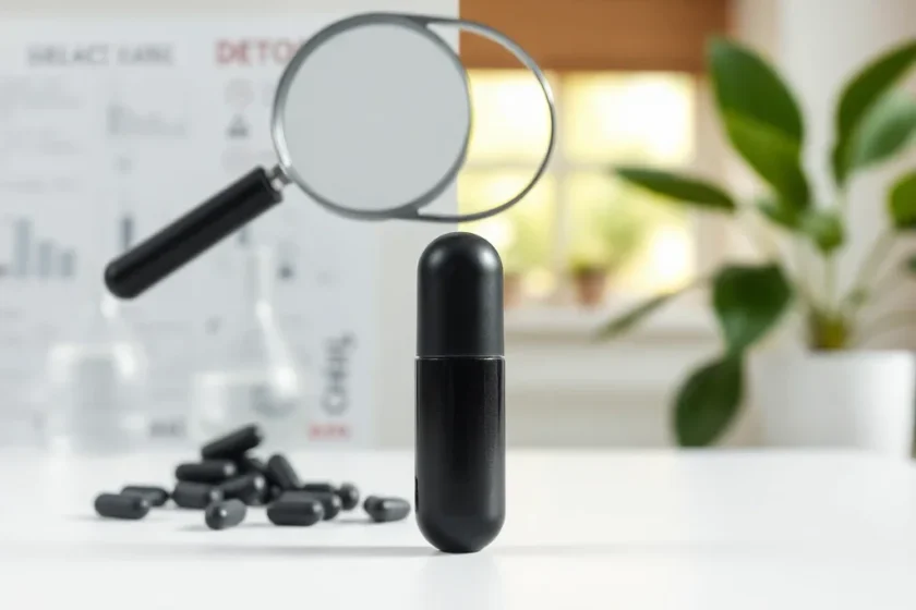A single black charcoal capsule under a magnifying glass on a clean surface, split between a scientific lab and a natural wel
