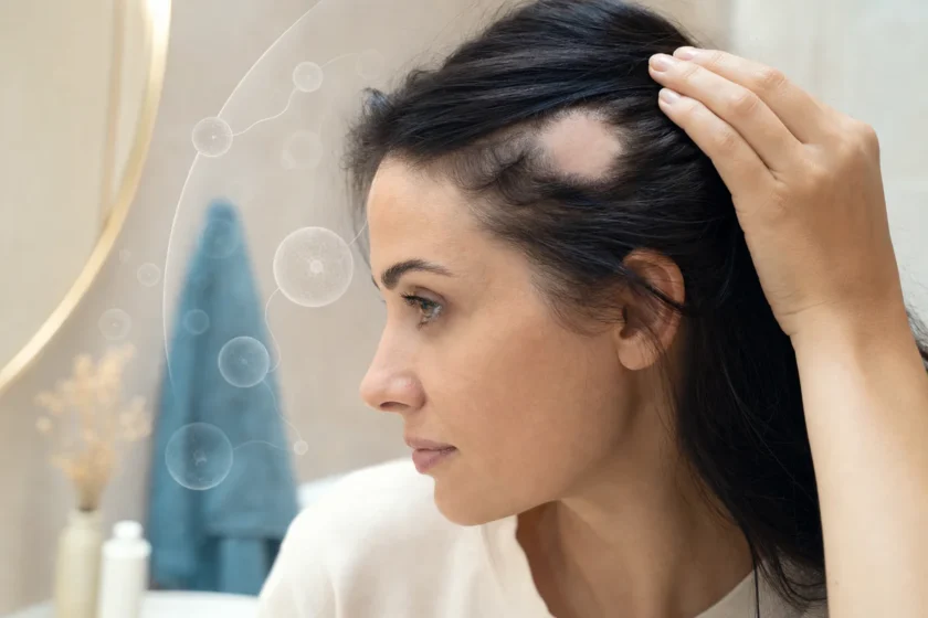 Woman looking calmly into a mirror with a visible round patch of hair loss on her scalp, symbolizing alopecia areata and its