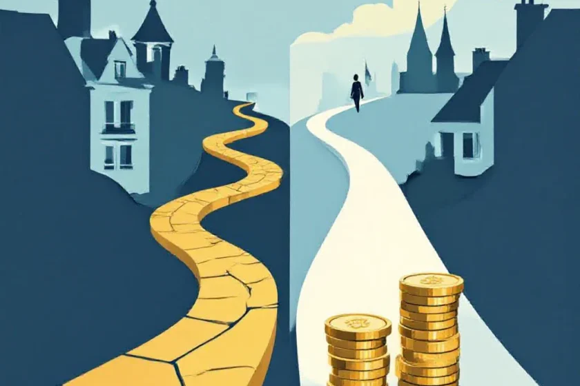 Conceptual illustration of the gender pension gap showing two career paths resulting in unequal retirement savings, with a sh