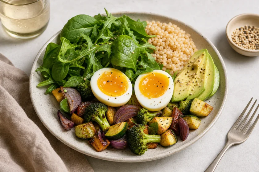 Balanced plate with soft-boiled eggs, vegetables, avocado, and whole grains representing eggs as a satiating part of a health