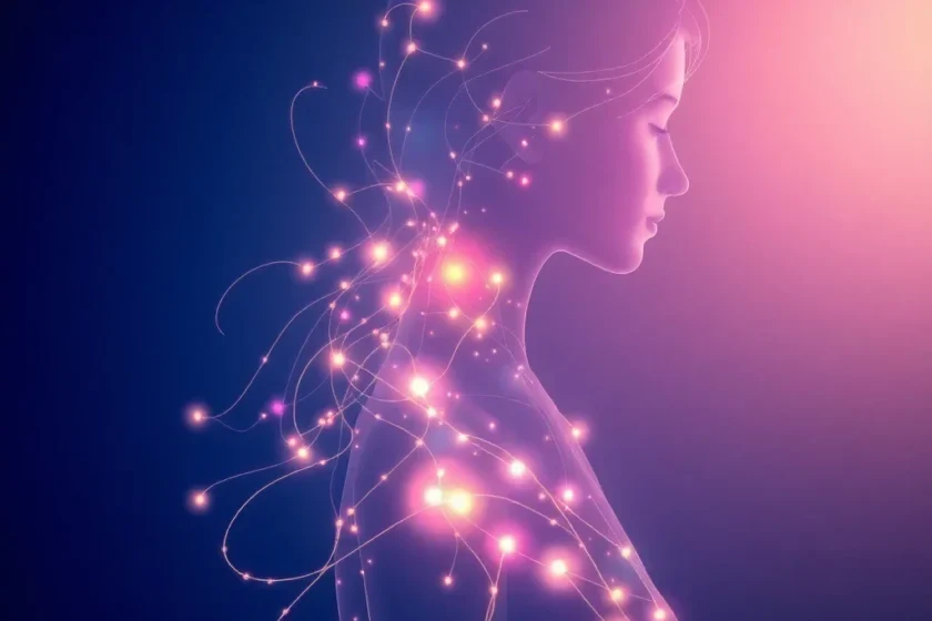 Artistic visualization of female hormonal balance, featuring a luminous profile of a woman with flowing, interconnected energ