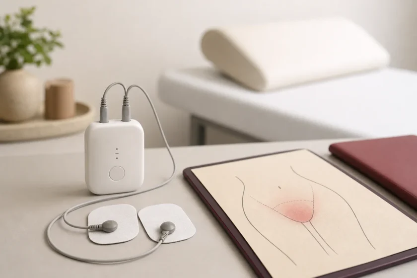 A menstrual pain simulator with electrode pads on a clean medical table, representing education about menstrual pain and empa