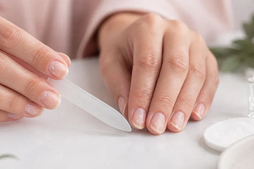 Gros plan de mains féminines naturelles avec de petites taches blanches visibles sur certains ongles, dans une ambiance douce