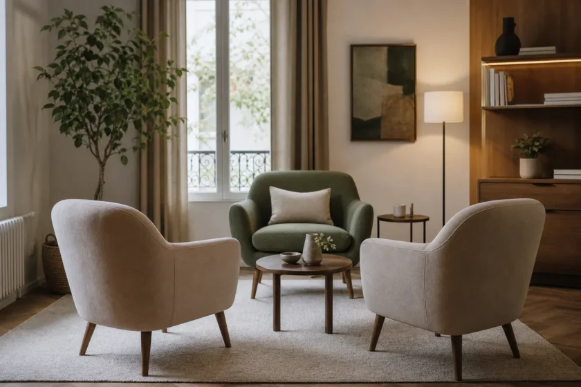 A quiet therapy room with three chairs arranged for a couple therapy session, suggesting a safe space for dialogue.