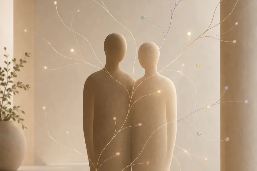 Illustration symbolique de deux personnes reliées par un motif de fratrie neutre et inclusif.