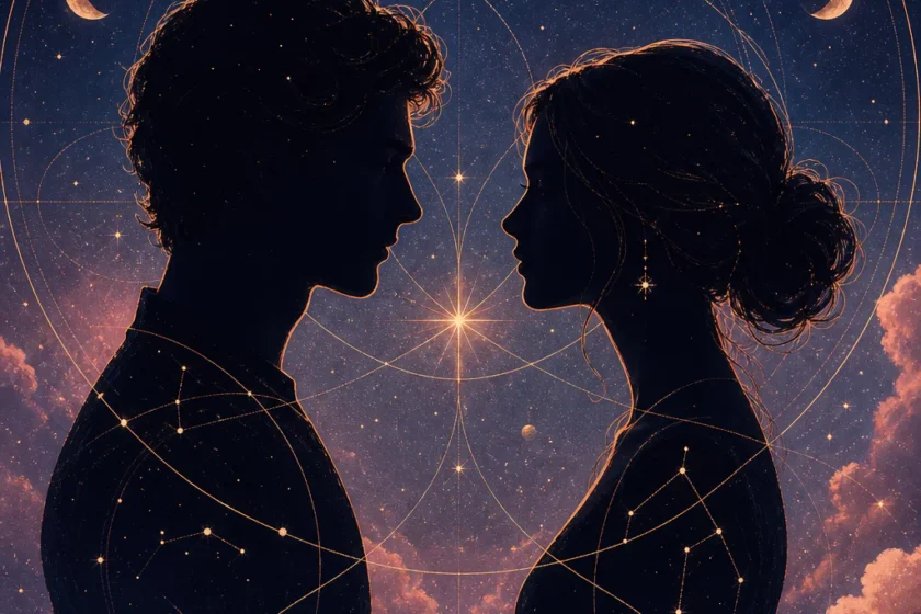 Deux silhouettes sous un ciel étoilé reliées par des constellations, évoquant la compatibilité astrologique en amour.