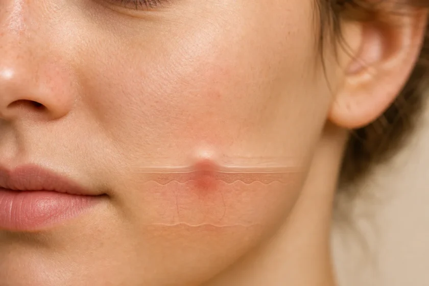 Close-up of natural facial skin with a subtle under-the-skin bump shown through a soft conceptual skin-layer effect.