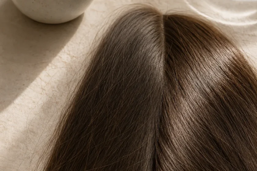 Subtle comparison of brunette hair texture beside a cup of coffee, showing a mild glossy surface effect.