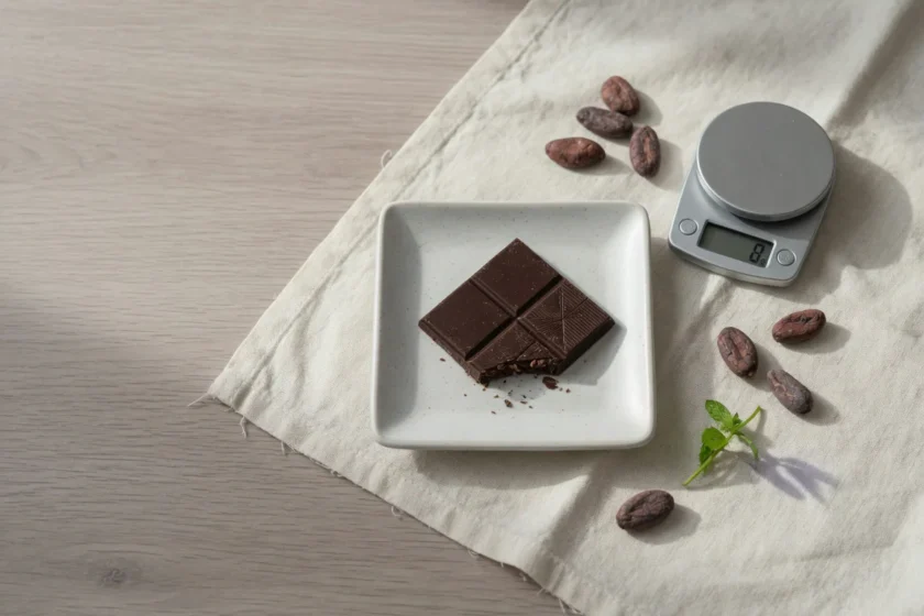 Un carré de chocolat noir posé sur une assiette blanche à côté d'une balance de cuisine, illustrant la notion de portion mesu