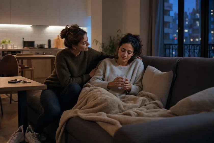 A woman resting safely at home with water nearby after a night out, supported by a friend in a calm setting.