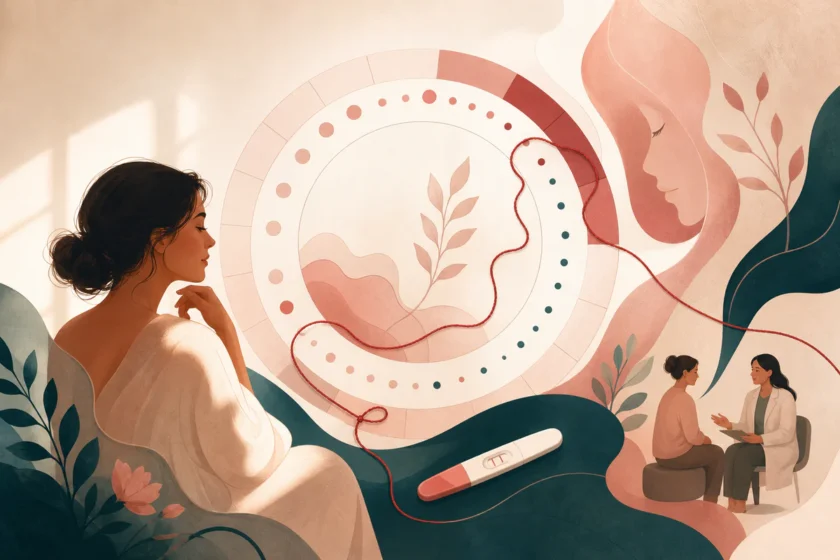 Illustration abstraite d’un cycle menstruel avec des formes douces évoquant le calendrier, le corps et le suivi médical.
