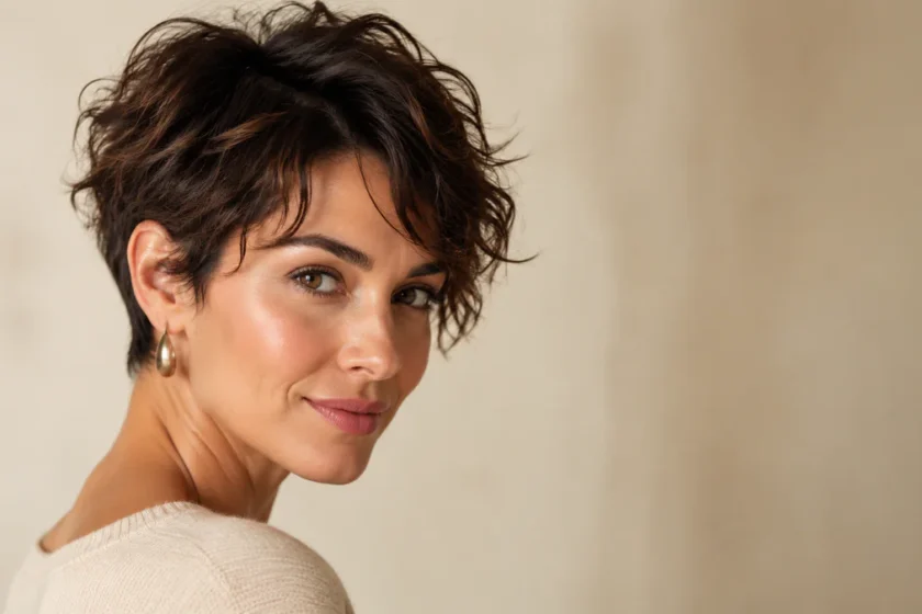Femme portant une coupe courte effilée avec un effet sauvage et maîtrisé, aux mèches texturées et au volume souple.