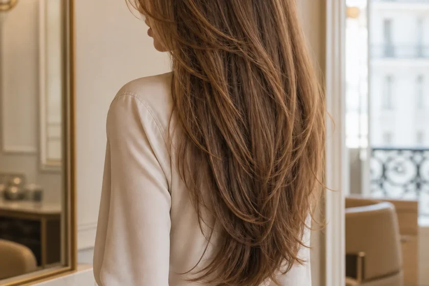 Femme aux cheveux longs avec un dégradé souple et naturel mettant en valeur la longueur et le mouvement.