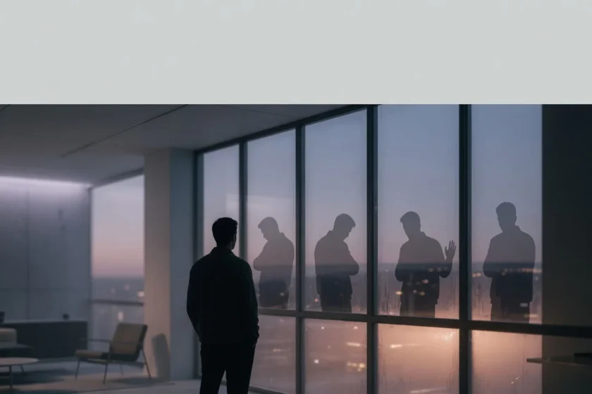 Silhouette of a man reflected in fragmented glass panes, symbolizing emotional distance and inner conflict in relationships