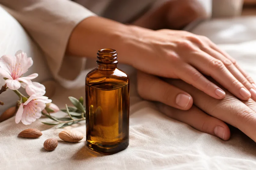 Un flacon sobre d'huile de massage posé sur du lin avec deux mains proches, dans une ambiance douce et naturelle.
