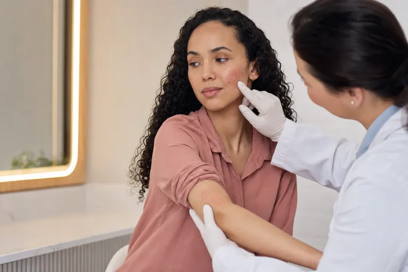 Une femme consulte une dermatologue pour des signes cutanés visibles mais non graphiques, dans une ambiance médicale calme et