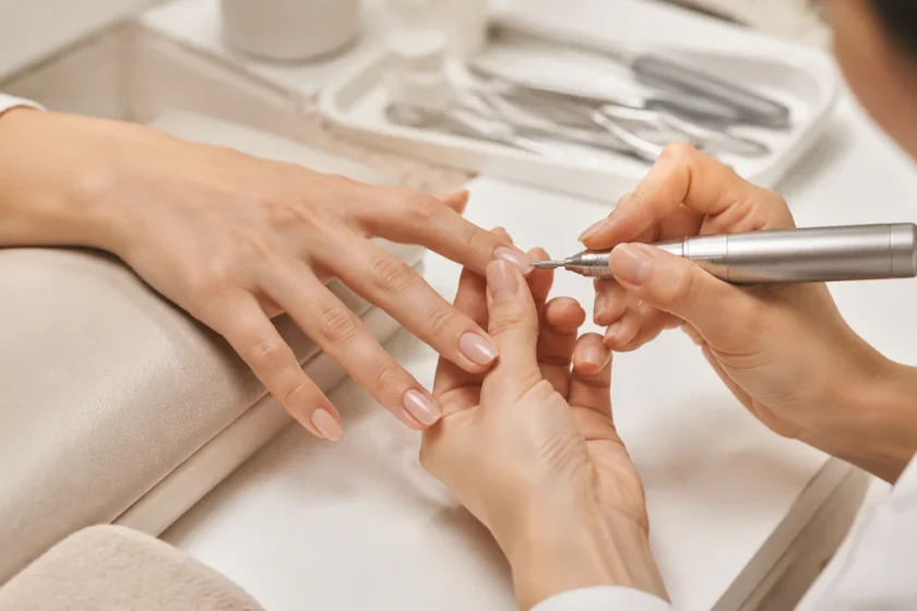 Gros plan d’une manucure russe réalisée avec précision autour des cuticules sur une table de manucure claire.
