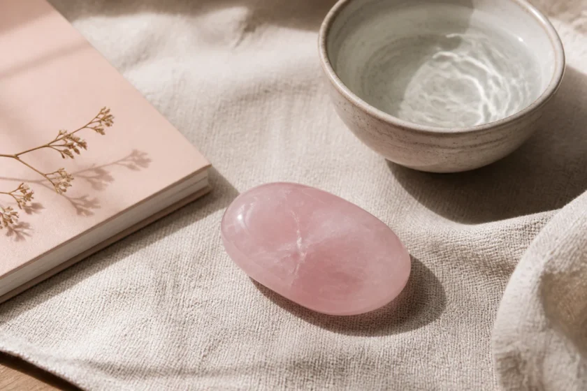 A polished rose quartz stone on a soft linen surface with calming neutral objects, suggesting symbolic self-care and emotiona