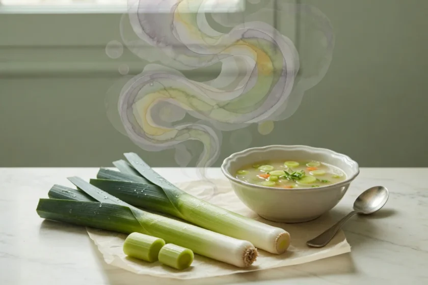Fresh leeks and a light soup on a calm kitchen counter with a subtle abstract digestive motif in the background.