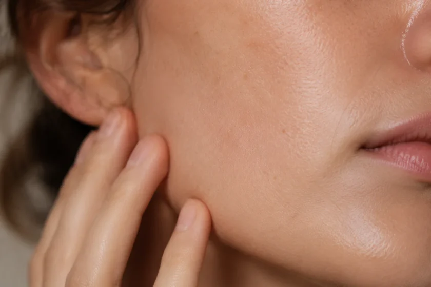 Gros plan doux et bienveillant sur la peau du visage d'une femme, illustrant les préoccupations liées aux problèmes de peau