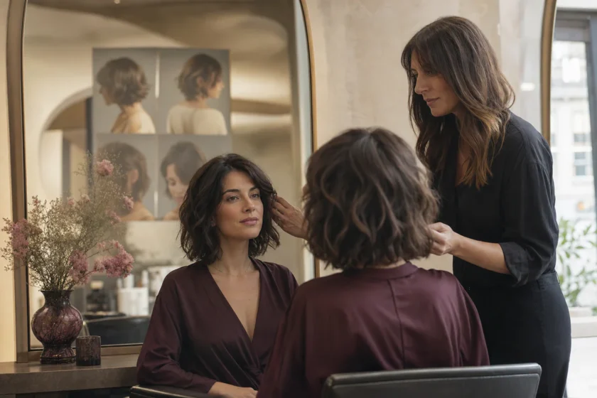 Une femme face au miroir dans un salon de coiffure moderne, accompagnée par une styliste pour choisir une coupe adaptée à son
