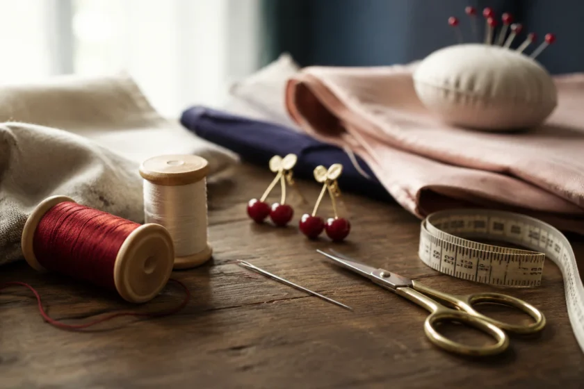 Symbolic still life of cherry earrings beside couture tools, representing Christine Marot's identity as a seamstress and entr