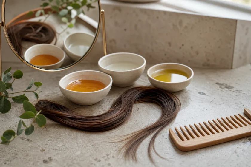Refined still life of homemade hair care ingredients, a comb and hair strands arranged to suggest choosing a treatment accord