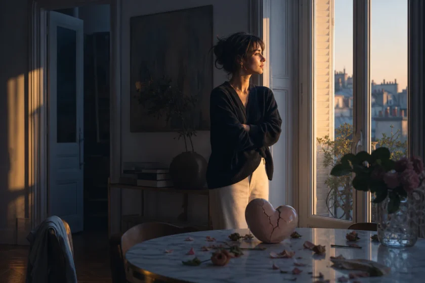 A woman stands by a softly lit window after a breakup, surrounded by symbolic objects that suggest grief, reflection, and gra