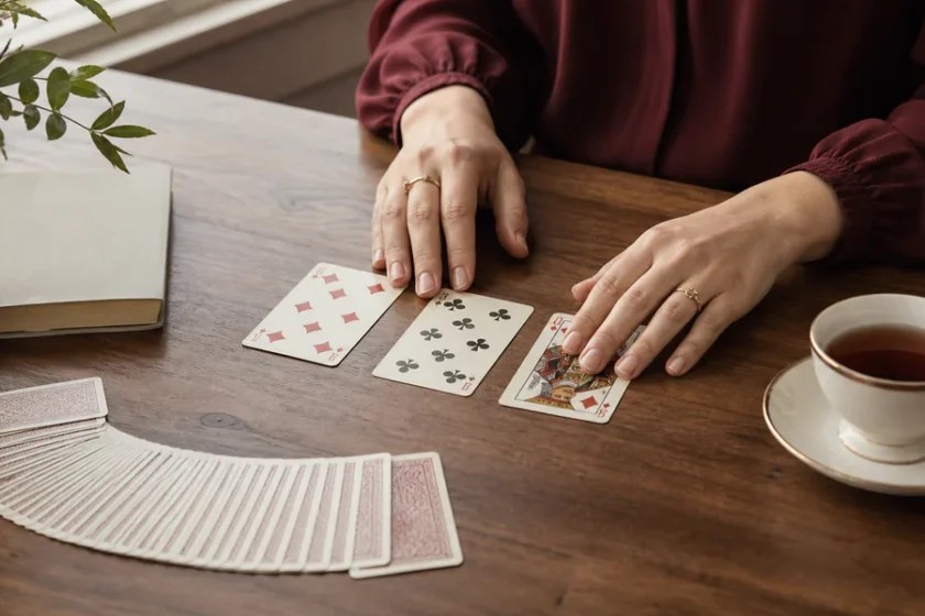 A calm card reading setup with a 32-card deck arranged on a wooden table in soft natural light.