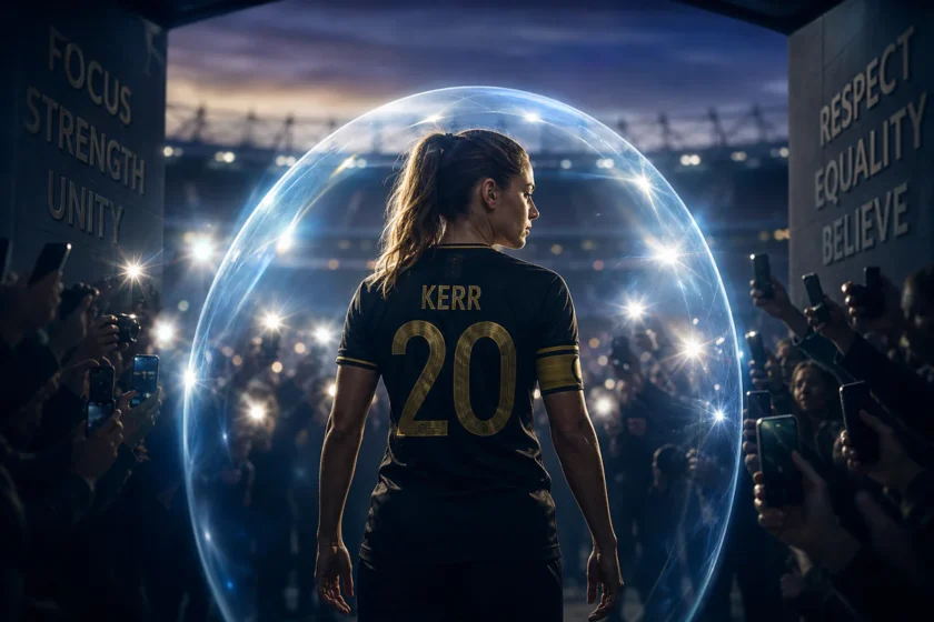 Silhouette d'une footballeuse dans un tunnel de stade entourée d'appareils photo, symbolisant la protection de la vie privée