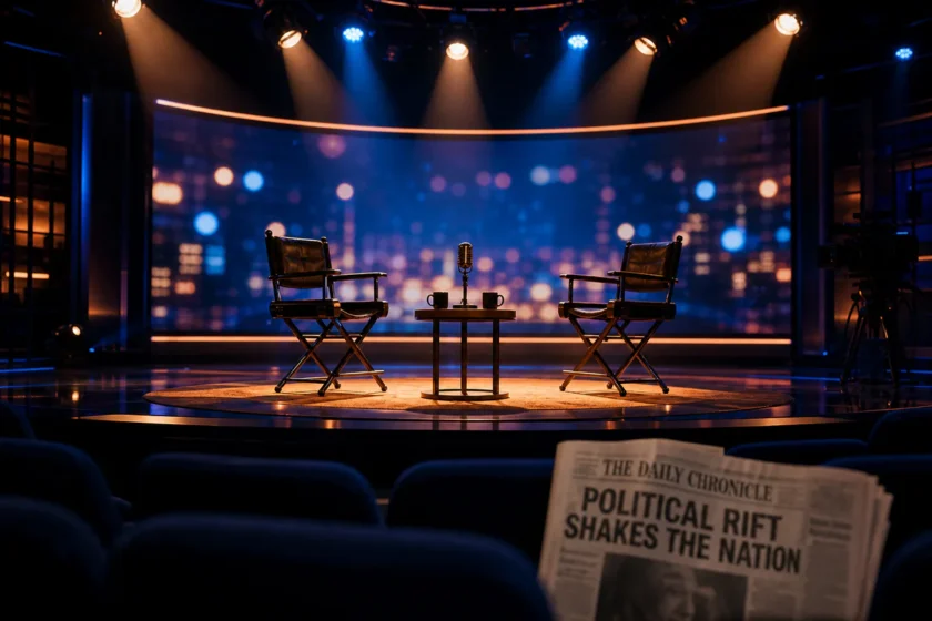 Dramatic editorial photograph of an empty TV talk show set with two director chairs facing each other, a microphone, coffee c
