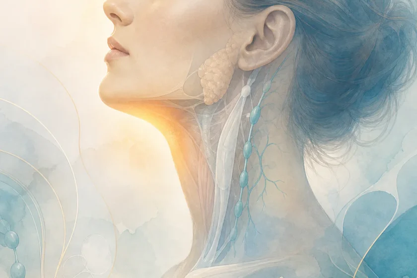 Illustration médicale douce représentant un profil féminin stylisé avec une zone subtile mise en évidence sous le menton, évo