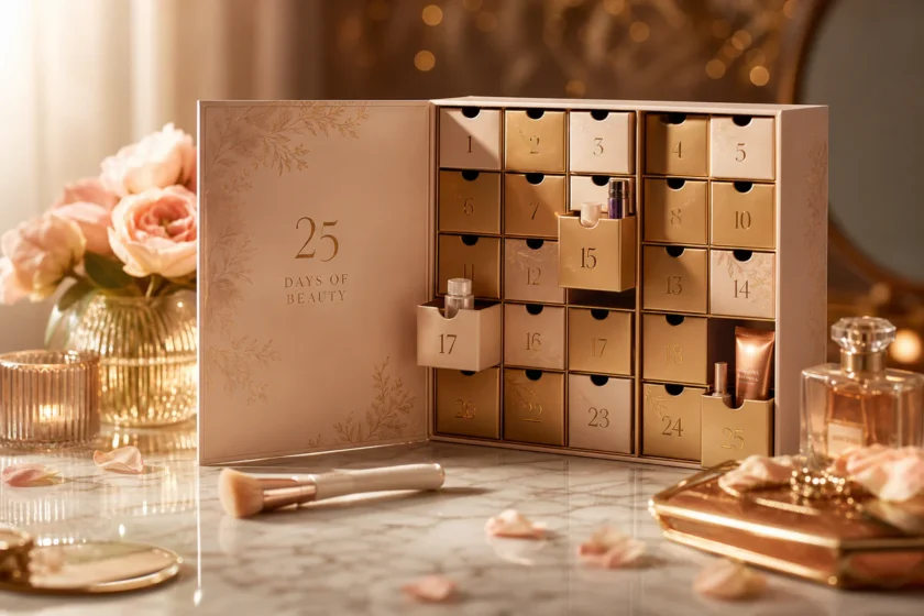 Elegant beauty-themed still life featuring a luxurious rose-gold advent calendar box partially open on a marble vanity, surro