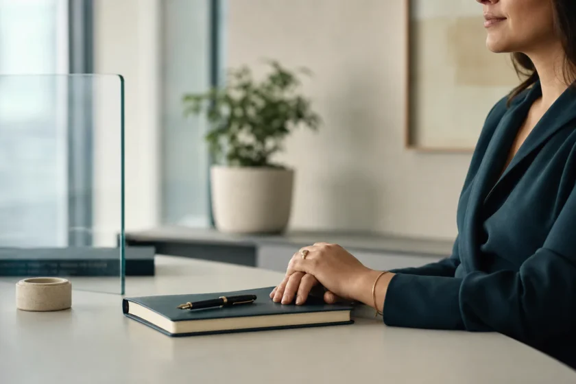 Espace de travail moderne et épuré avec une cloison vitrée transparente séparant le bureau, une main posée près d'un carnet e