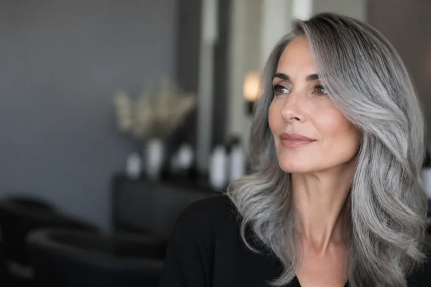 Woman with healthy blended silver-gray hair in a modern salon setting, illustrating gray hair coloring from a darker natural