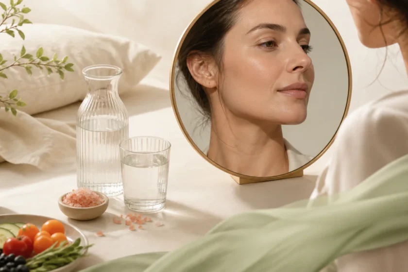 Editorial illustration of a woman’s natural facial profile and wellness elements representing the difference between temporar