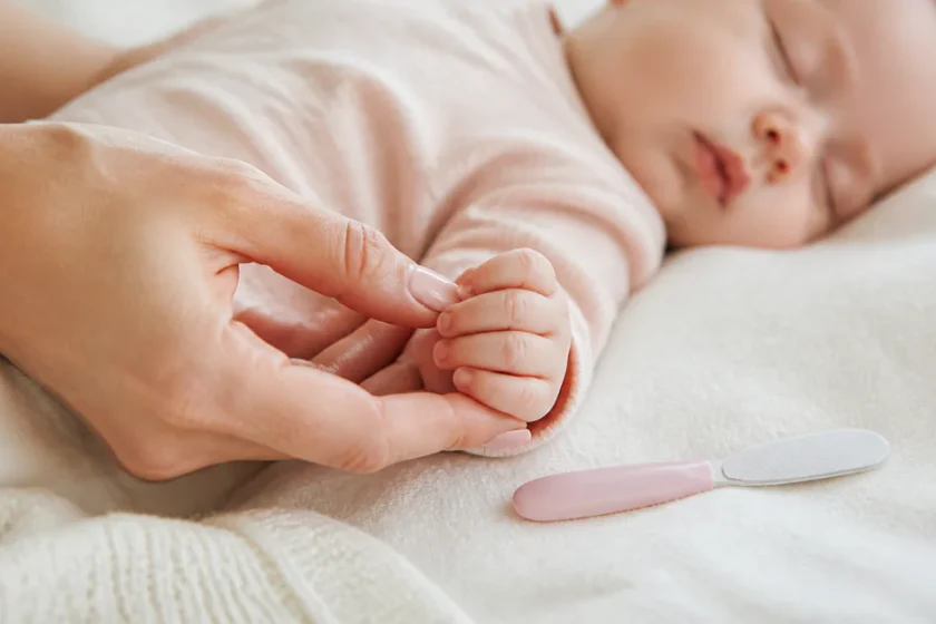 Parent limant délicatement l’ongle du doigt d’un bébé endormi dans une ambiance douce et rassurante.