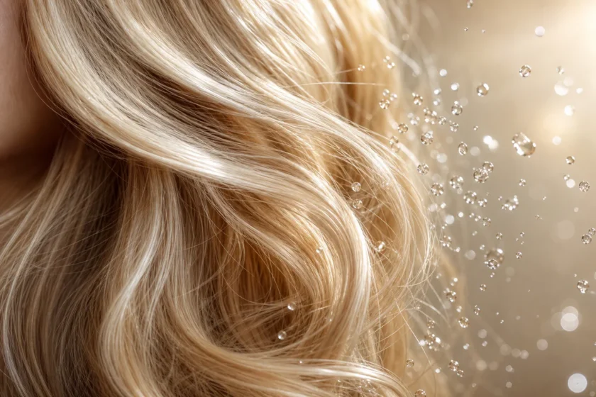 Photographie éditoriale de cheveux blonds aux reflets dorés et platine, avec de fines gouttelettes d'eau en suspension captan